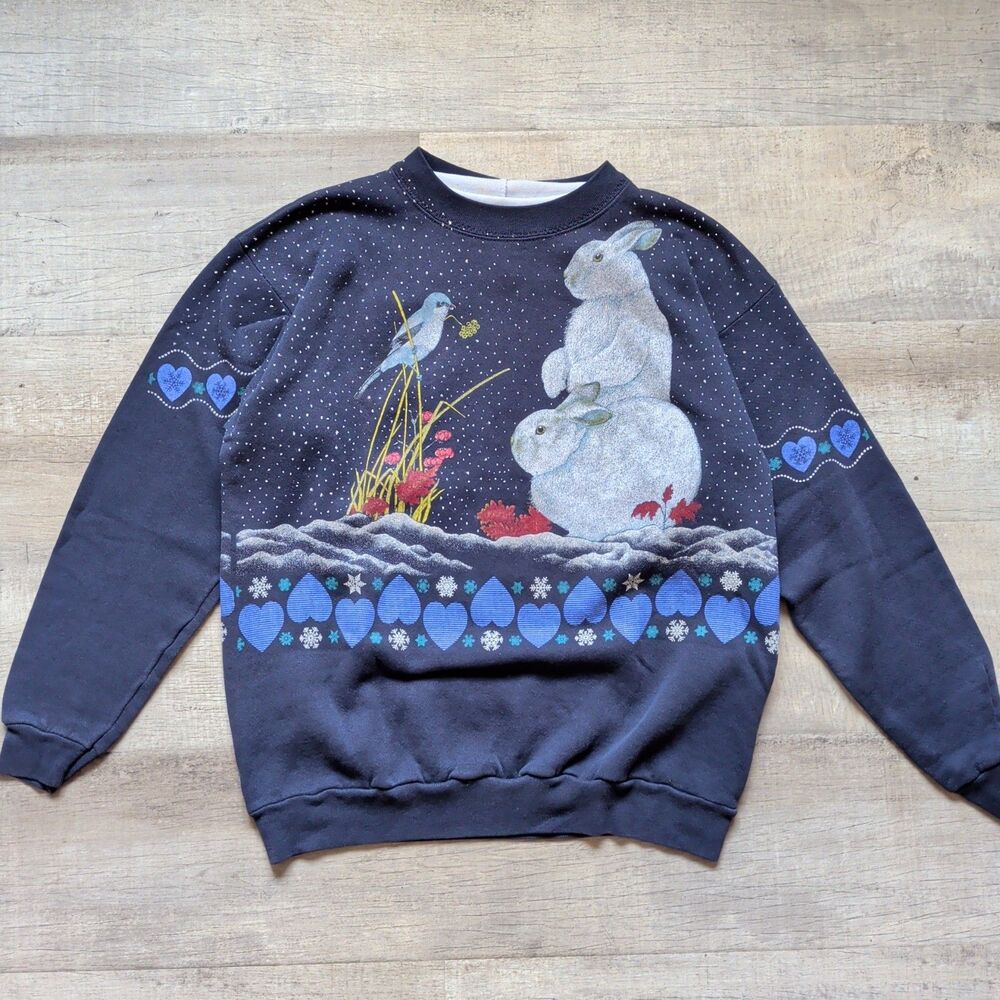 Vtg 90s Country Primitive Womens M All Over Print Heart Bunny Bird Sweatshirt